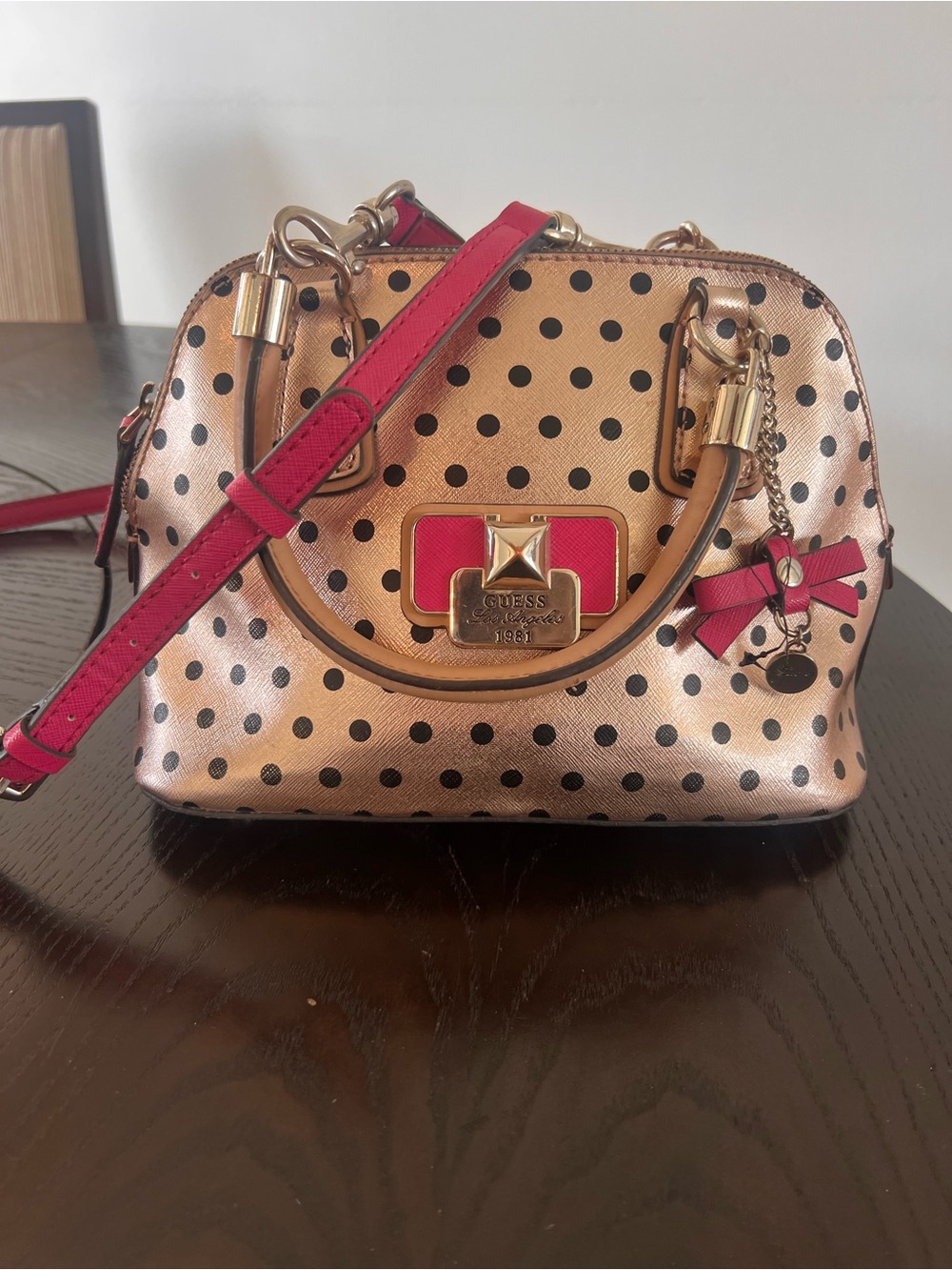 GUESS Rose Gold Polka Dot Dome Satchel with hot pink Accents Vintage.